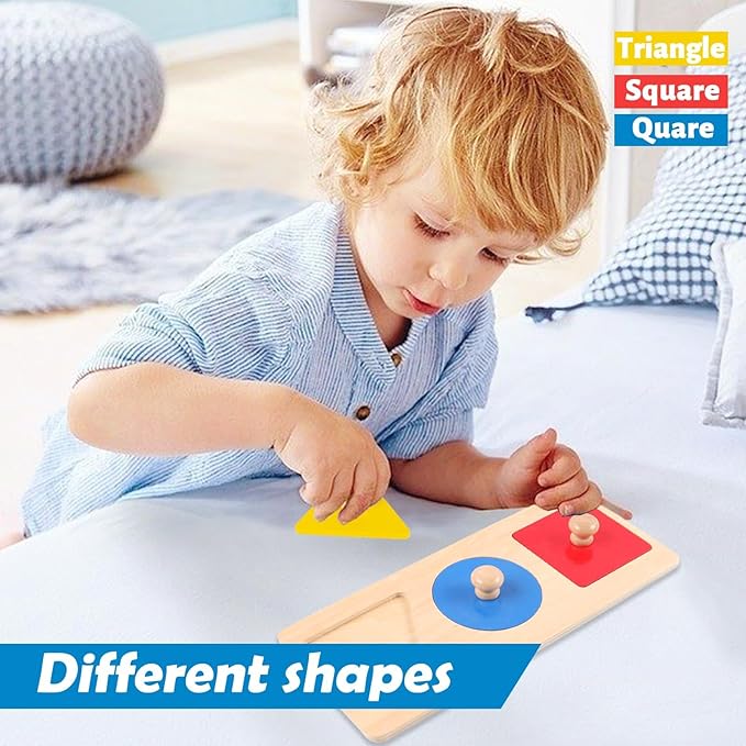 Adena Montessori Colorful Multiple Shape Puzzles Toys for 6-12 Months 1 Year Old Toddler Babies First Shapes Geometric Jumbo Knob Wooden Puzzle Color Sorter (3 Pieces)-CubbioJoy