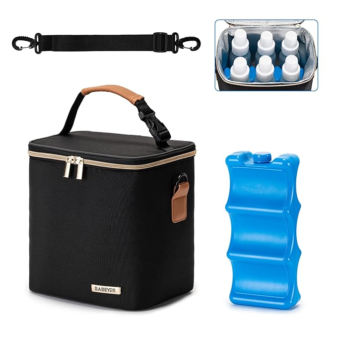 Breastmilk Cooler Bag with Ice Pack Fits 6 Baby Bottles Up to 9 Ounce, Baby Bottle Bag with Shoulder Strap for Nursing Mom Daycare, Black-CubbioJoy