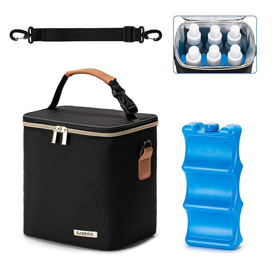 Breastmilk Cooler Bag with Ice Pack Fits 6 Baby Bottles Up to 9 Ounce, Baby Bottle Bag with Shoulder Strap for Nursing Mom Daycare, Black-CubbioJoy