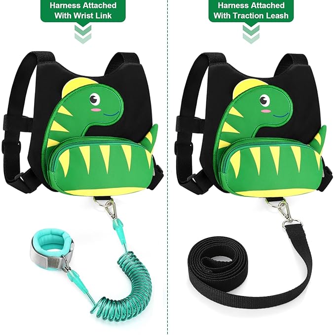 Accmor Toddler Harness Leash + Anti Lost Wrist Link, Cute Dinosaur Kids Harness with Leash, Adorable Child Harness Leash Wristband Strap Belt Protector for Baby Boys Girls to Outdoor Travel-CubbioJoy
