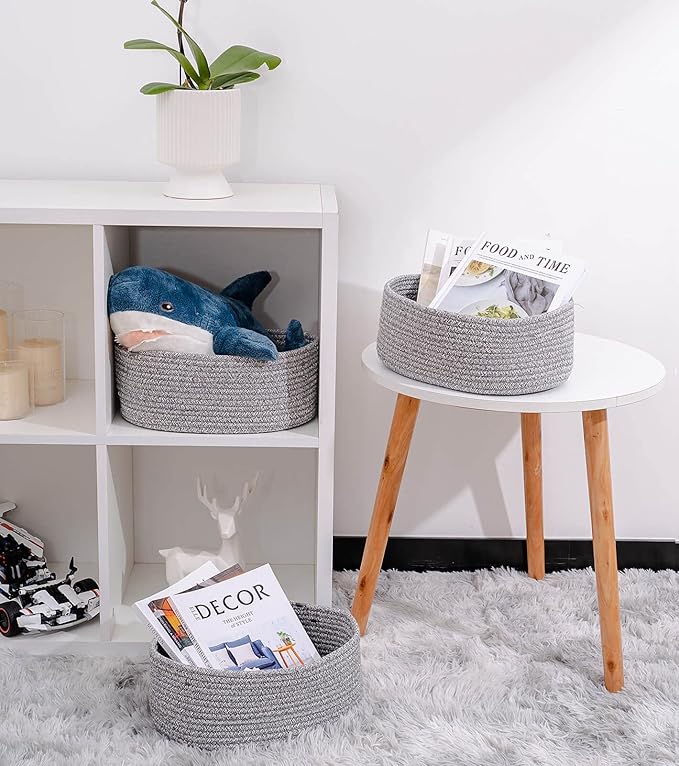 Baskets to Store Organize Household Items/Cute Basket&Bin for Shelf Storage Woven Rope Basket for Living Room, Bedroom,Play room/13x8.66x5.11’’ Cotton Rope,Durable&Stylish,Oval 3 Packs Gray-CubbioJoy