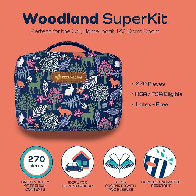 KeepGoing Large Home First Aid Kit for Kids – 270 Pc. for Car, Home, Dorm, & Boat with Latex-Free Bandages – 10 x 7 x 3.5 in. Travel First Aid Kit (Woodland)-CubbioJoy
