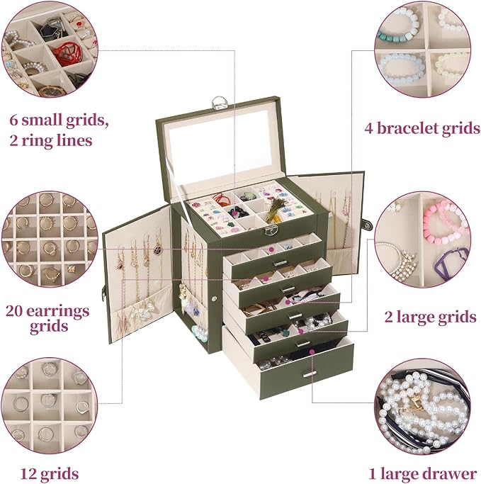BOOVO Jewelry Box For women, 6 Layer Large Jewelry Organizer With Mirror, Multi-Function Storage Box With Lock, Accessory Holder With 5 Drawers, For Earrings Necklace Ring Bracelet (Army green)-CubbioJoy