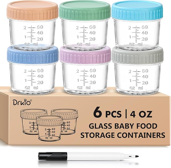 DRKIO 6 Pack Glass Baby Food Storage Containers - 4 Oz Baby Food Jars with Lids Baby Food Maker Microwave Dishwasher Freezer Safe 100% Leak Proof BPA Free Reusable-CubbioJoy