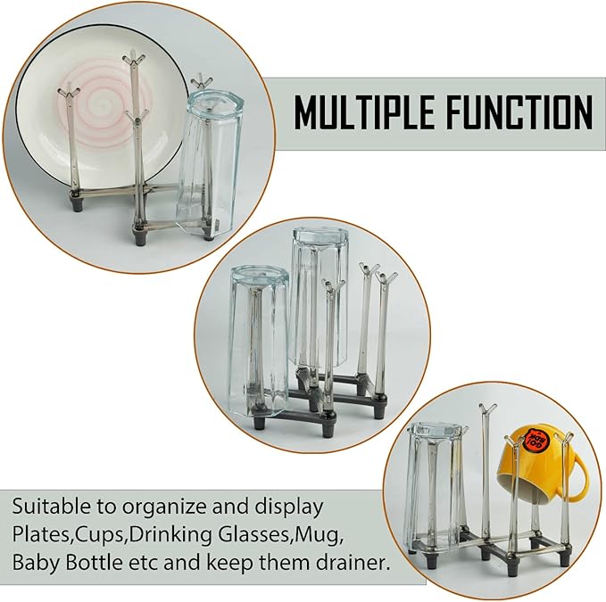 2 Pcs Cup Drying Racks Set, Retractable Drinking Glass & Baby Bottle Drainer Stand, PP Material Mug Draining Organizer, Kitchen Countertop Dishes Holder, Gray-CubbioJoy