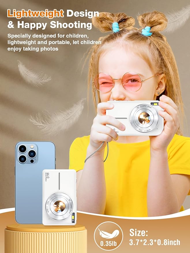 Digital Camera,FHD 1080P Kids Camera 44MP Point and Shoot Digital Cameras with 32GB Card,16X Zoom,Anti-Shake,Date Stamp,Compact Small Cameras Photography for Kids Student Teen Girl Boy(White)-CubbioJoy