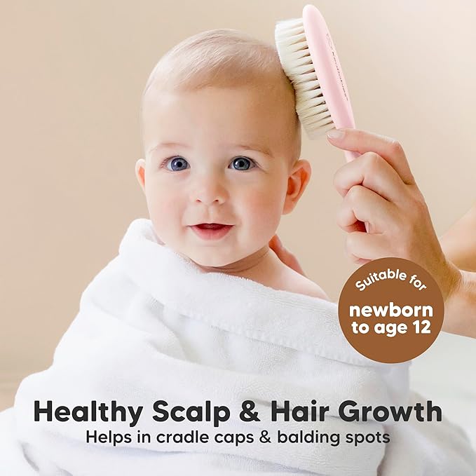 Baby Hair Brush and Comb Set for Newborn - Wooden Baby Hair Brush Set with Soft Goat Bristle, Baby Brush Set for Newborns, Baby Brush and Comb Set Girl, Boy, Toddler Cradle Cap Brush (Oval, Blush)-CubbioJoy