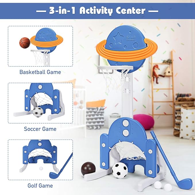 Costzon Kids Basketball Hoop, Toddler Sports Activity Center w/ 5 Adjustable Height Levels, Basketball Soccer Golf Game Set, Indoor Outdoor Basketball Hoop Set Gift for Baby Infant-CubbioJoy