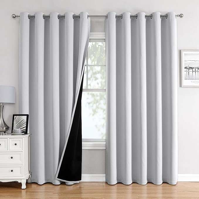 ChrisDowa 100% Blackout Curtains 84 inch Long for Bedroom with Black Liner, Extra Wide 2 Layers Total Blackout Thermal Insulated Grommet Window Curtains 2 Panels Set (Greyish White, 60 x 84 Inch)-CubbioJoy