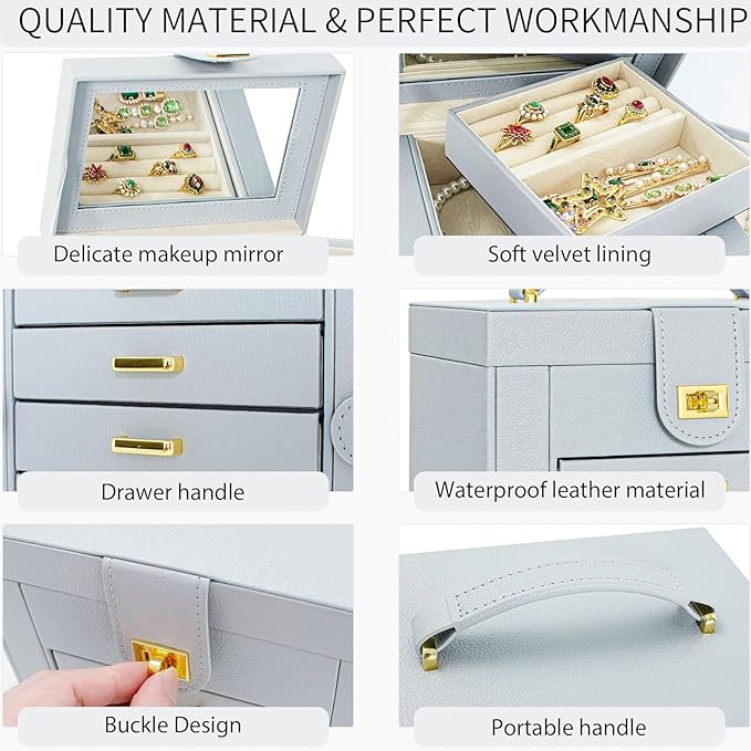 AKOZLIN Functional 6-Tier Jewelry Box Organizer with 5 Drawers Leather Jewelry Storage Case for Women Girls Ring Necklace Earring Bracelet Holder Organizer with Mirror Grey-CubbioJoy