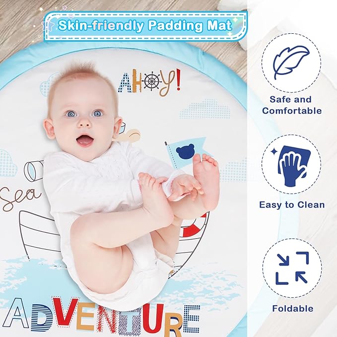 Baby Play Mat, 4-in-1 Baby Play Gym Tummy Time Mat with Ball Pit and 5 Detachable Toys for Newborn to Develop Sensory Exploration and Motor Skill 0-6-12 Months-CubbioJoy