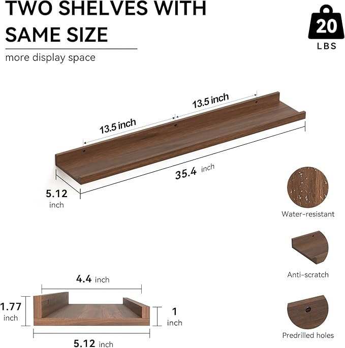 35.3 Inches Long Floating Shelves, 2 Set Farmhouse Wall Shelf for Bedroom, Nursery Book Shelf with Lip, Picture Ledge Shelf for Wall Decor Living Room Bathroom Kitchen - Walnut-CubbioJoy