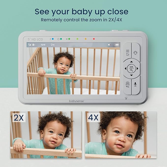 Babysense 5" HD Split-Screen Baby Monitor, Video Baby Monitor with 2 Cameras and Audio, Night Light, 1000ft Range, Two-Way Audio, 4X Zoom, Night Vision, 4000mAh Battery-CubbioJoy