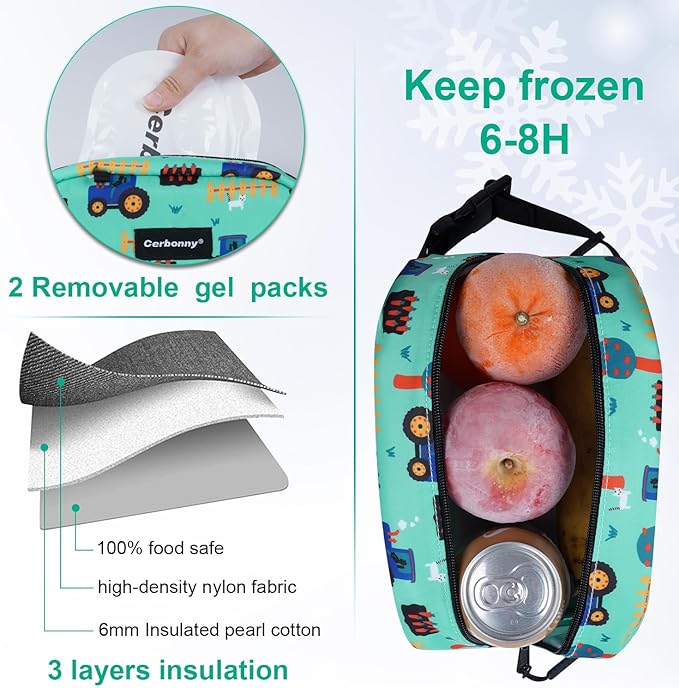 Cerbonny Small Cooler Bag Freezable Lunch Bag for Work School Travel,Small Lunch Bag,Small Insulated Bag For Kids/Adults,Freezer Lunch Bags,Mini Lunch Bag Fit For Yogurt,Suit for 3+(green vehicle)-CubbioJoy