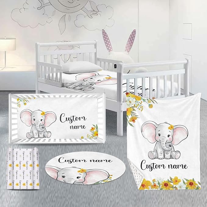 Custom Nursery Crib Bedding Set: 4 Piece Yellow Floral Elephant Design Baby Crib Sets for Girls with Personalized Name - Toddler Double Layer Blanket Set, Comfortable Crib Bed Sheets for Baby Toddlers-CubbioJoy