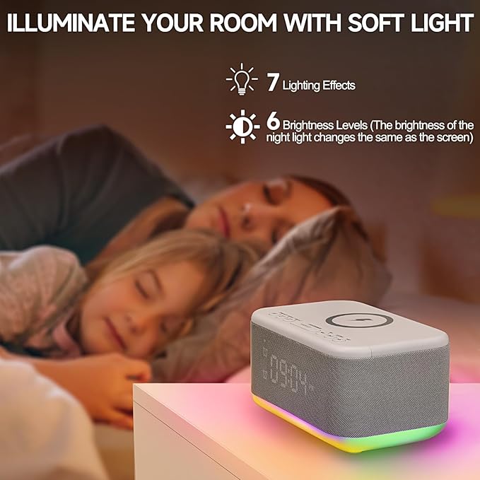 Alarm Clock Speaker Wireless Charger, Digital Alarm Clocks Bedrooms Bluetooth, Alarm Clock Dimmable Light Bedrooms Dual Alarm Snooze Dimmer 12 24H RGB Night Light Bluetooth USB AUX, Gray-CubbioJoy