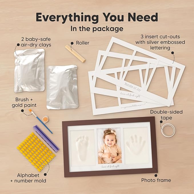 Baby Hand and Footprint Kit - Clay Handprint Keepsake Frame, Newborn Nursery Picture Frame, Personalized New Mom Gifts for Baby Shower & Registry (Cedar)-CubbioJoy