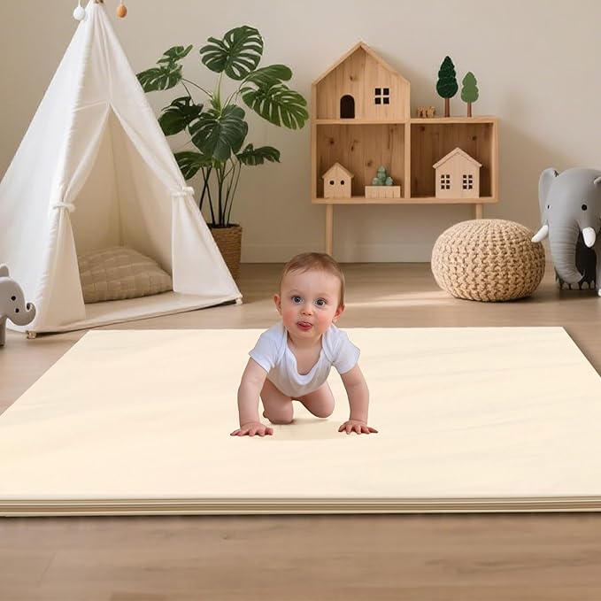 Baby Play Mat 47x47 Inches, Extra Thick 1.2" Foam Floor Mat for Tummy Time & Crawling, Waterproof Non-Slip Faux Leather Playpen Mat for Infants Toddlers, Indoor Outdoor Gym Activity, Beige-CubbioJoy