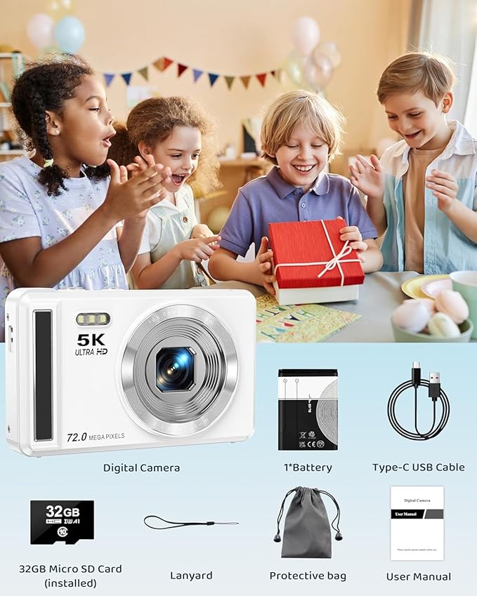 5K Digital Camera - 72MP UHD Digital Cameras for Photography - Autofocus Point and Shoot Small Camera with Flash for Kids - 2.8 Inch Screen Compact Portable Vlogging Camara with 16X Zoom, 32GB SD Card-CubbioJoy