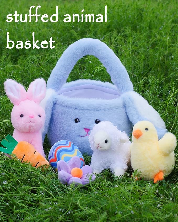 7 Piece Plush Stuffed Animals Playset Toys with Rabbit, Chick, Lamb, Carrot, Egg, Flower, Furry Bag, Soft Basket Set Toys for Girls Kids Ages 3+, Birthday Christmas Valentines Easter Party Favors-CubbioJoy