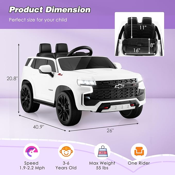 Costzon Ride on Car, 12V Licensed Chevrolet Tahoe Battery Powered Electric Vehicle w/ 2.4G Remote Control, High/Low Speed, Music, Lights, MP3/USB/FM, Spring Suspension, Electric SUV for Kids (White)-CubbioJoy