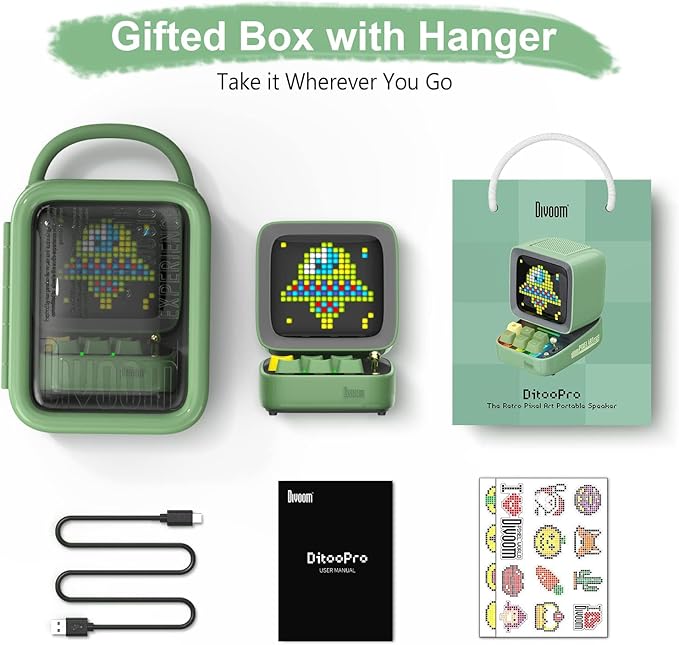 Divoom Ditoo Programmable Pixel Art LED-Bluetooth-Speaker Showing-Clock Emoji DIY Design for Home Wedding Party Decoration with Wireless App Control (Green)-CubbioJoy