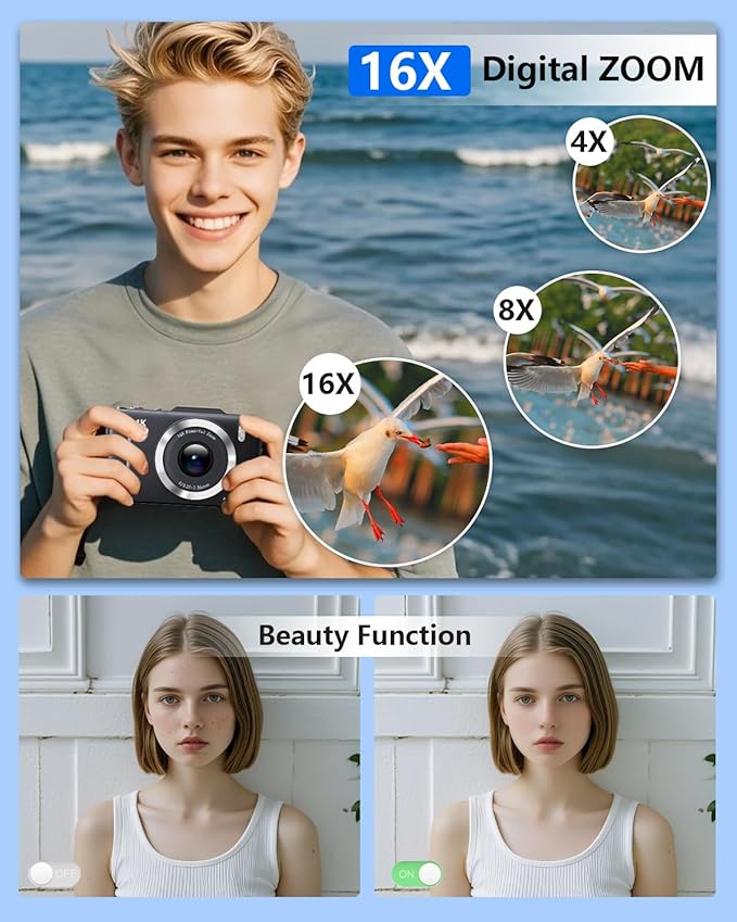 Digital Camera, FHD 1080P Kids Camera Digital with 16x Zoom Anti Shake, 32GB Card, 4K 48MP Portable Compact Point and Shoot Cameras, Vintage Small Camera for Teens Beginner Kids Present-CubbioJoy