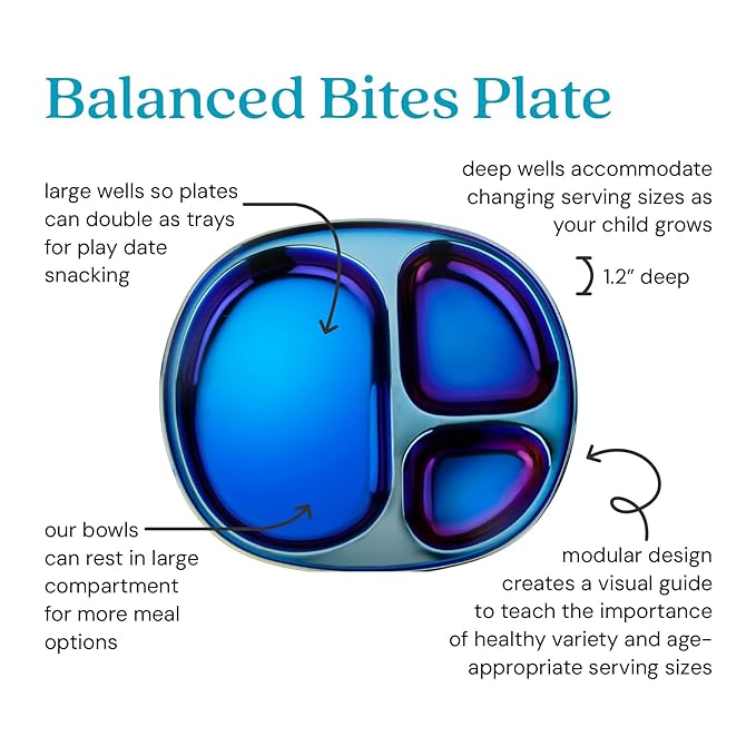 Ahimsa Stainless Steel Plates for Kids - Divided Plates for Toddlers, Pediatrician Designed, Non Toxic Toddler Plate, BPA Free & Dishwasher Safe (Blue Set of 4)-CubbioJoy
