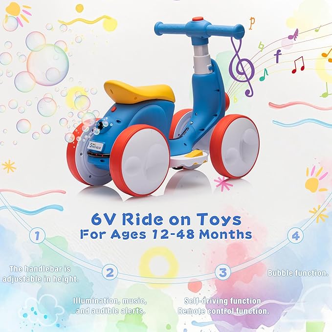 6V Electric Baby Balance Bike for 1 Year Old Boys Girls Ride on Toys 12-48 Months Toddler Balance Bike, 4 Wheels Kids First Bike with Remote Control First Birthday Gifts- Blue&Red-CubbioJoy