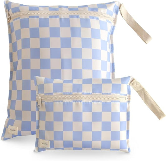 mushie Water Resistant Wet Bags | Large & Small Reusable Storage Bag for Baby Items and Travel | Zippered Pockets with Handle | Machine Washable, Set of 2 (Blue Check)-CubbioJoy