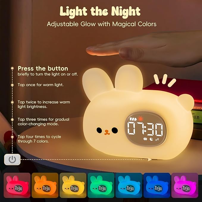 Bunny Alarm Clock with Night Light for Kids with Sleep Training and Sound Machine, Rechargeable Silicone Lamp OK to Wake Clock，Cute Animal Tabletop Lamp, Perfect Sleep Companion for Boys Girls-CubbioJoy