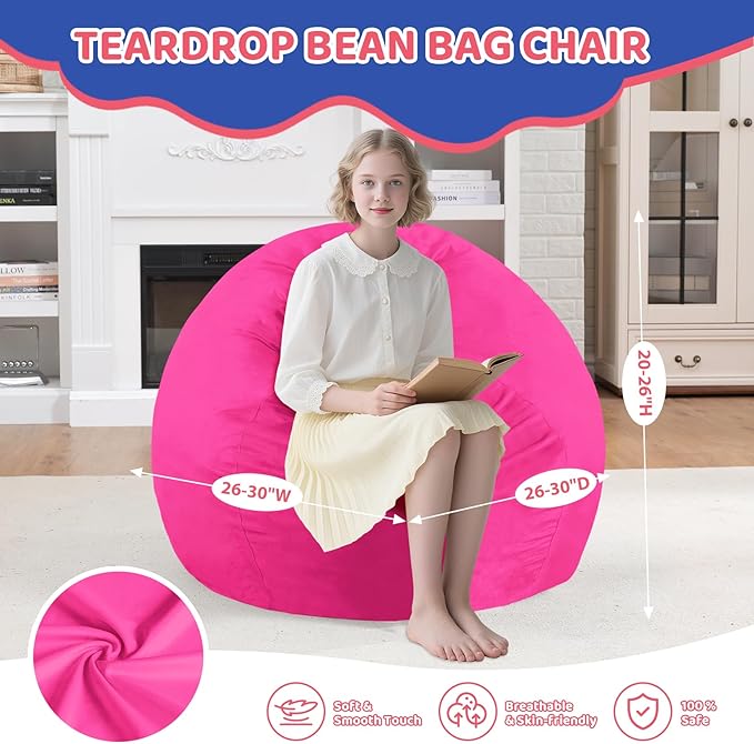 2FT Bean Bag Chair, Comfy Bean Bag Chairs with Memory Foam Filled, Fluffy Beanbag Sofa with Dutch Velvet Cover, Teardrop BeanBag Chairs for Living Room, Playroom - Pink-CubbioJoy