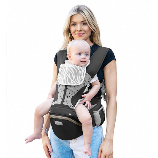 Baby Carrier Pro, MOMTORY Safety-Certified 6-in-1 Ultra Storage Baby Carrier Newborn to Toddler, Front & Back Baby Holder Carrier with Hip Seat, Pure Black-CubbioJoy