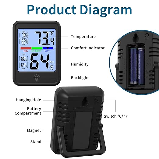 Digital Thermometer Hygrometer, Indoor Wall Thermometer, Indoor Humidity Temperature Monitor with Max&Min Records Backlit for 10S for Greenhouse, Home and Office Measuring Devices-CubbioJoy
