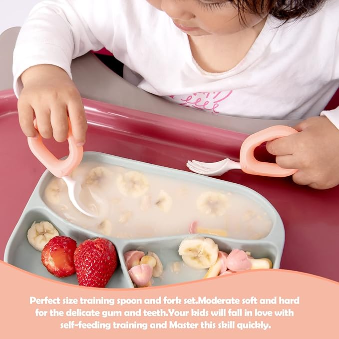 Baby Self Feeding Training Spoon and Fork Set with Travel Case, BPA-Free Cute Circle Toddler Training Utensils, Silicone/ABS Great Tableware Set Spoons Fork for Kids (Pink& Light Pink)-CubbioJoy