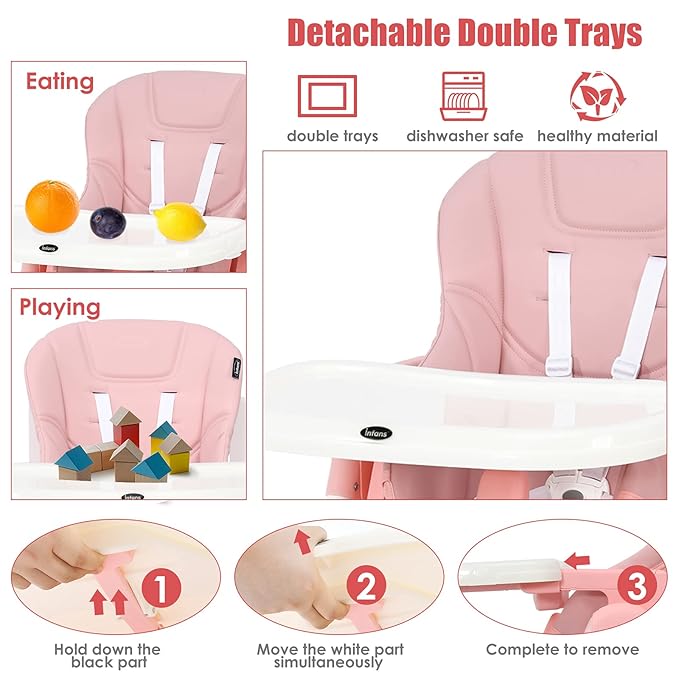 INFANS 4 in 1 High Chair–Booster Seat, Convertible Highchair w/Adjustable Height and Recline,Removable Tray,DetachableCushion, Installation-Free,Simple Fold for Baby, Infant& Toddler (Pink)-CubbioJoy