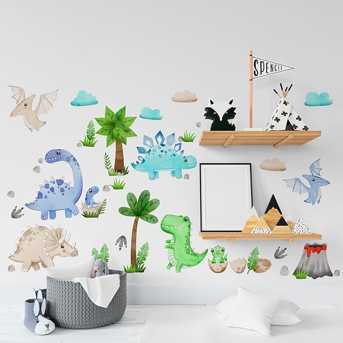 Dinosaur Wall Decals by Lipastick - Peel and Stick Palm Tree Dino Jurassic-Themed Stickers for Baby Nursery, Kids Room, Toddler Bedroom, Playroom, Daycare, Classroom Decor -S Size-CubbioJoy