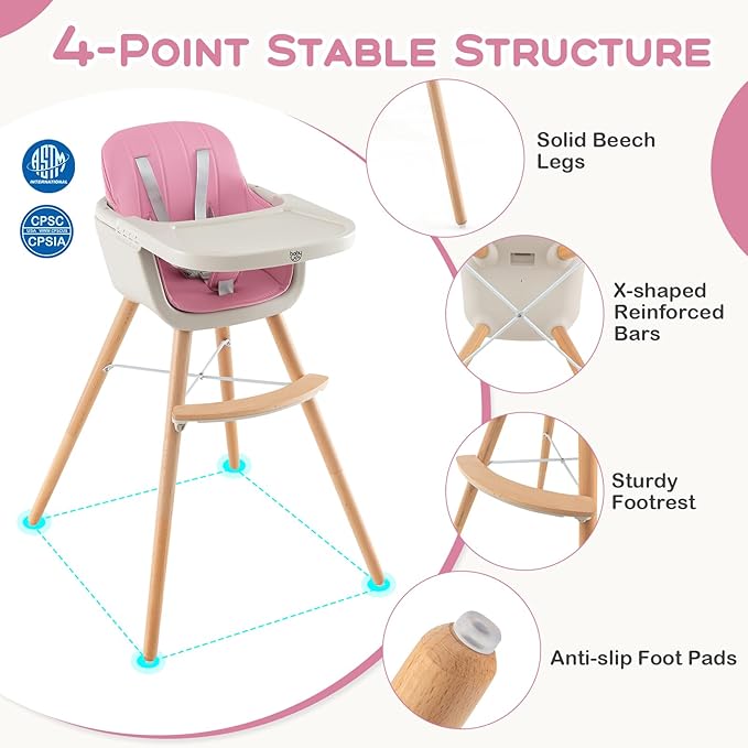 BABY JOY Convertible Baby High Chair, 3 in 1 Wooden Highchair/Booster/Chair with Removable Tray, Adjustable Legs, 5-Point Harness, PU Cushion and Footrest for Baby, Infants, Toddlers (Pink)-CubbioJoy