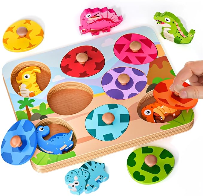 Dinosaur Wooden Puzzles for Toddlers 1-3, Montessori Toys for 1 2 Year Old Boy Birthday Gifts, Dinosaur Matching Eggs Peg Puzzles for Toddlers Age 2-4, Preschool Learning Activities for Girls-CubbioJoy