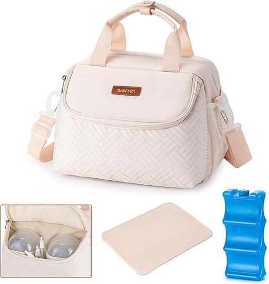 Breastmilk Cooler Bag with Ice Pack Fits 6 Baby Bottles up to 9 Ounce, Wearable Breast Pumps Cooler Bag for Nursing Mom Daycare, Work, Travel- White-CubbioJoy