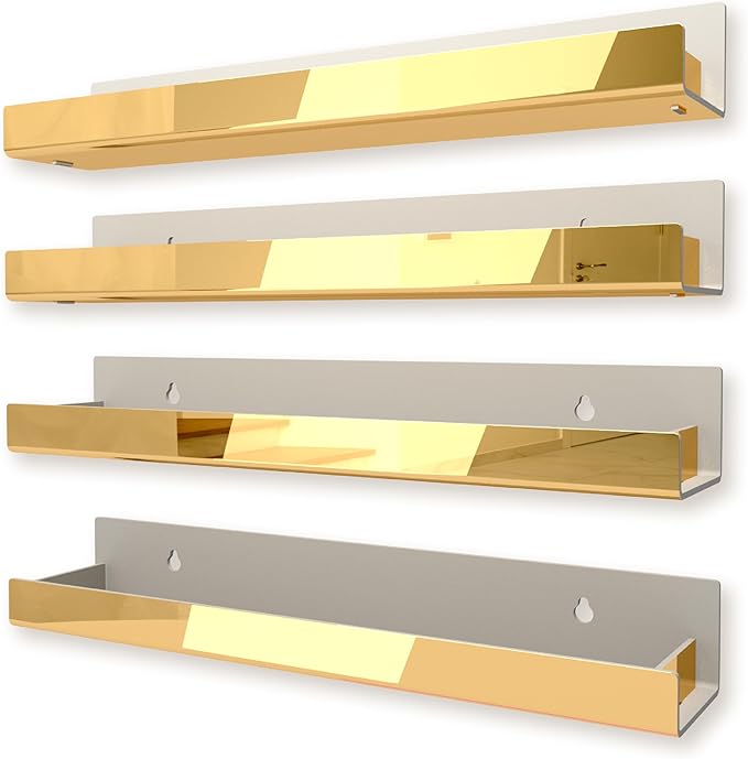 4 Pack 15 Inch Gold Reflective Acrylic Shelves, Gold Foating Shelves, Modern Sunglasses Essential Oil Picture Ledge Display Toy Storage Shelf-CubbioJoy