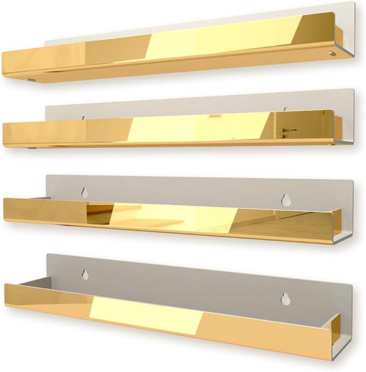 4 Pack 15 Inch Gold Reflective Acrylic Shelves, Gold Foating Shelves, Modern Sunglasses Essential Oil Picture Ledge Display Toy Storage Shelf-CubbioJoy