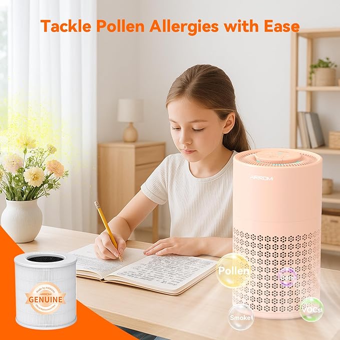 AIRROMI Air Purifier for Bedroom with HEPA 3-in-1 Filter, Pet Air Purifier for Home Cat Pee Smell, Covers Upto 990 Ft², Quiet 360°intake Air Cleaner for pet hair,allergies,Dust,Smoke A2001 Orange-CubbioJoy