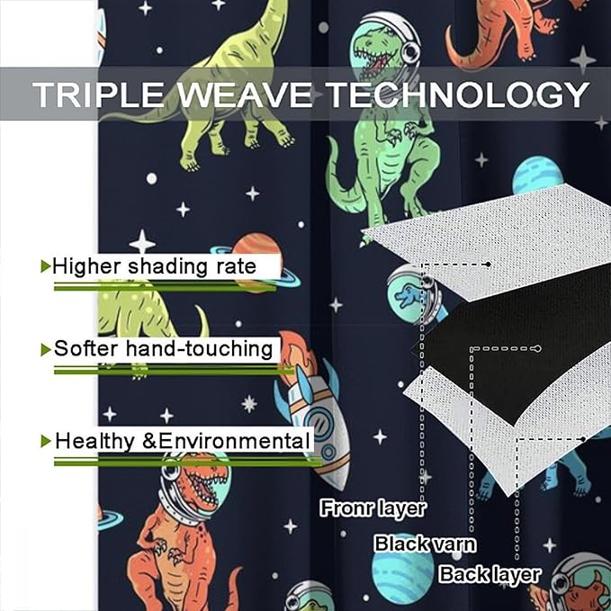 Cartoon Dinosaur Curtains for Kids Boys Girls Home Decor, Astronaut Rocket Funny Outer Space Blackout Rod Pocket Window Drapes for Bedroom Living Room W27.5xL63in 2 Panels-CubbioJoy