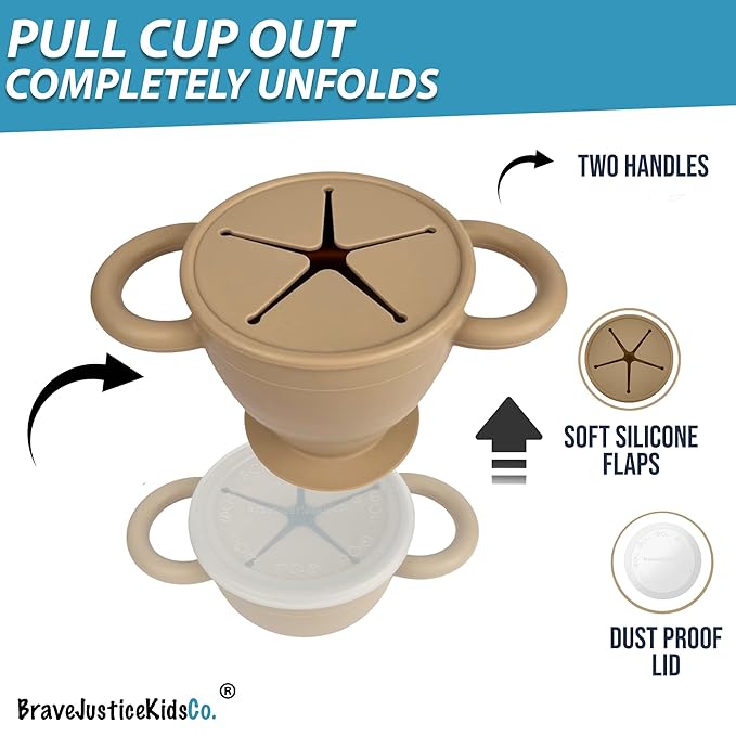 BraveJusticeKidsCo. | Snack Attack II Snack Cup | Collapsible Silicone Snack Container | Toddler and Baby Snack Catcher Lid (Warm Sand)-CubbioJoy
