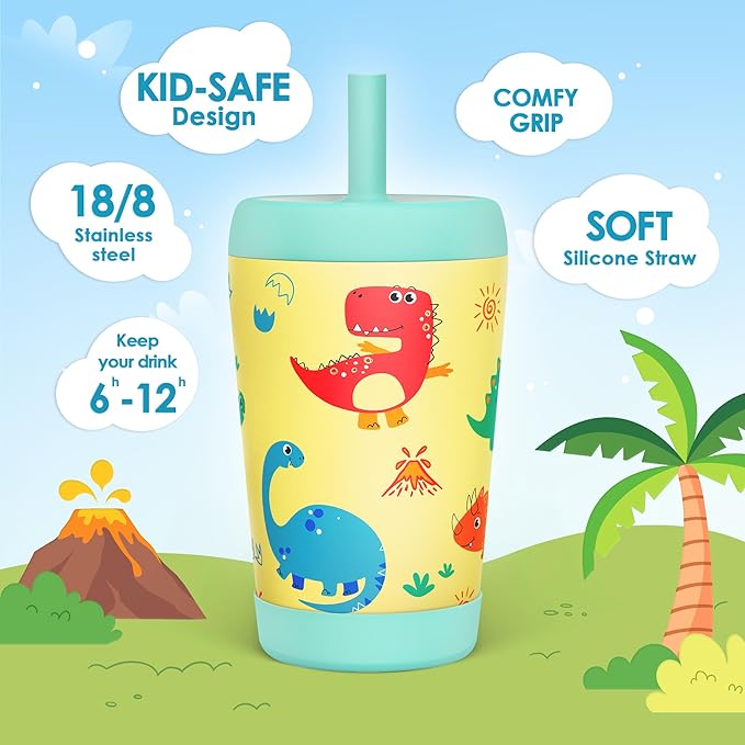 Kid Insulated Stainless Steel Tumbler with Silicone Straw, 12oz Sippy Cup for Kids (Playful Dinosaurs)-CubbioJoy