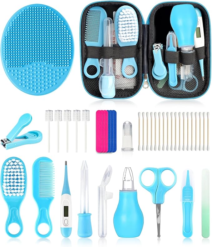 Baby Grooming and Healthcare Kit, Portable Baby Safety Care Set with Hair Brush Comb Nail Clipper Nasal Aspirator for Nursery Newborn Infant Girl Boy (25 in 1, Blue)-CubbioJoy