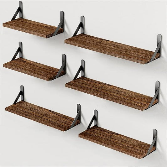 AMADA HOMEFURNISHING Wall Shelves Set of 6, Rustic Farmhouse Floating Shelves for Bedroom, Bathroom & Living Room, Brown Wood-CubbioJoy