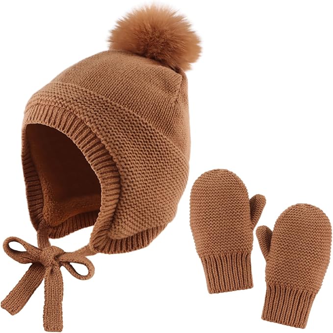 Basic Winter Baby Beanie Gloves Boys Girls Knitted Hat Pompom Kids Earflap Hats Warm Infant Toddler Beanie Mittens Set-CubbioJoy