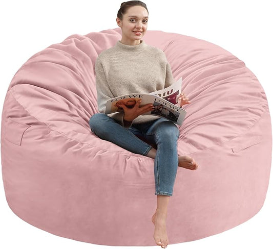 4FT Bean Bag Chair, Large Bean Bag Chairs with Memory Foam Filled, Fluffy Beanbag Sofa with Dutch Velvet Cover, Round BeanBag Chairs for Living Room, Playroom - Light Pink-CubbioJoy